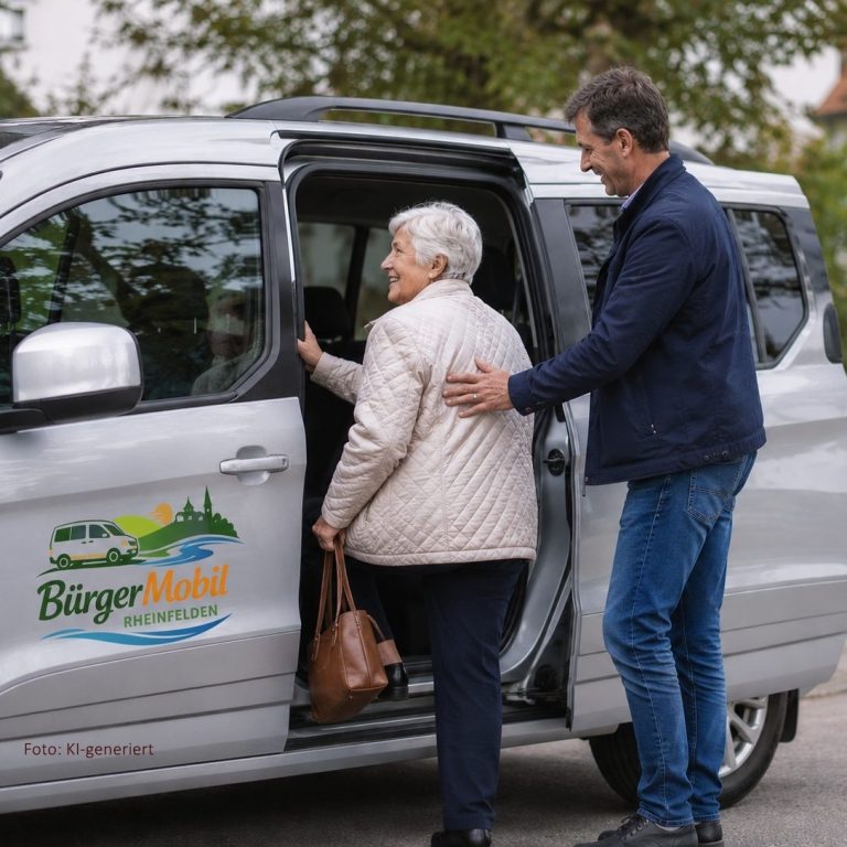 Ein Mann hilft einer älteren Frau ins BürgerMobil Rheinfelden einzusteigen.